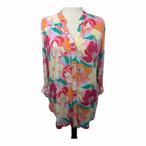 Hope Springs Womens L Floral Tunic Blouse Button Front Rayon Boho Colorful
